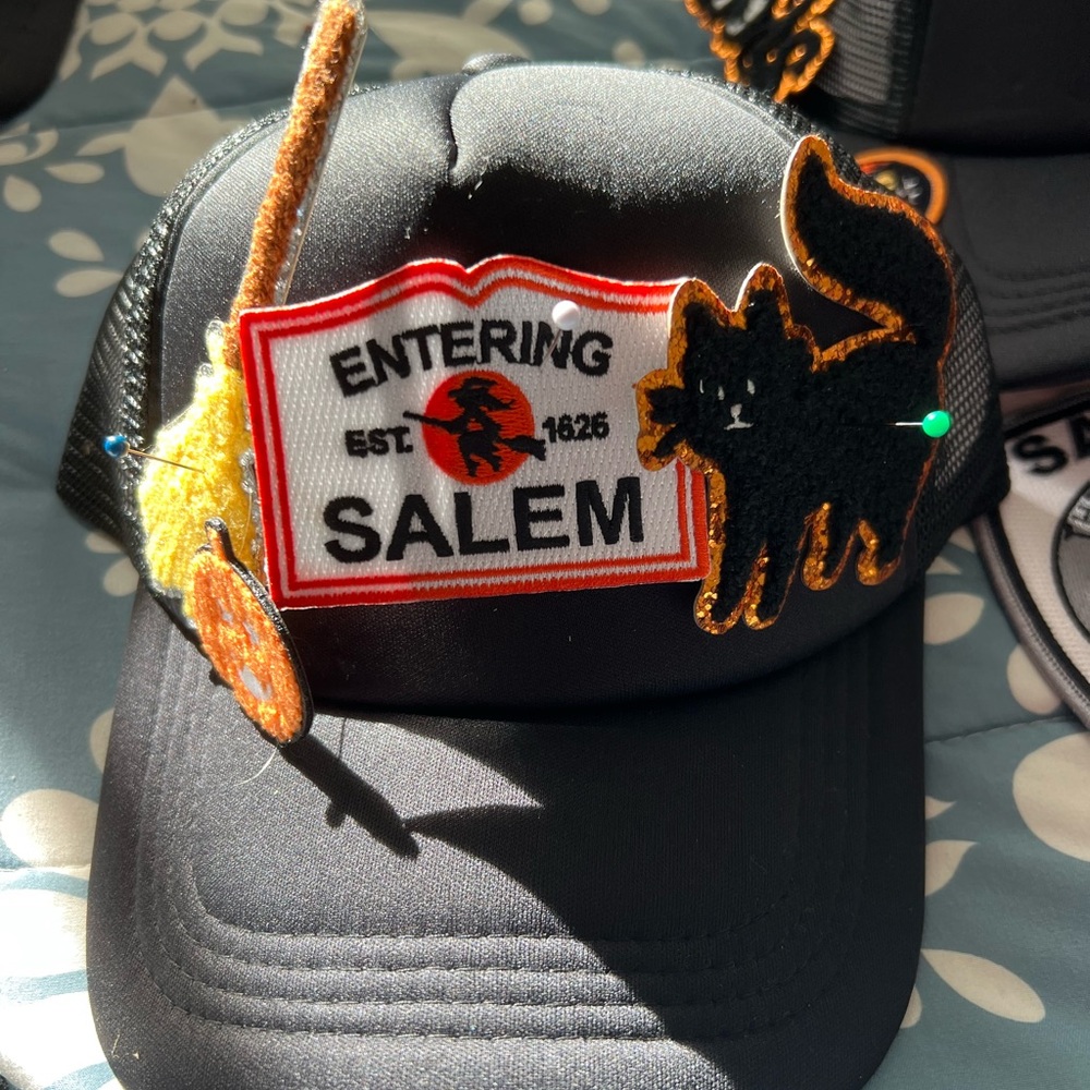 Halloween Salem MA trucker hat. Hand made with custom Salem patches.